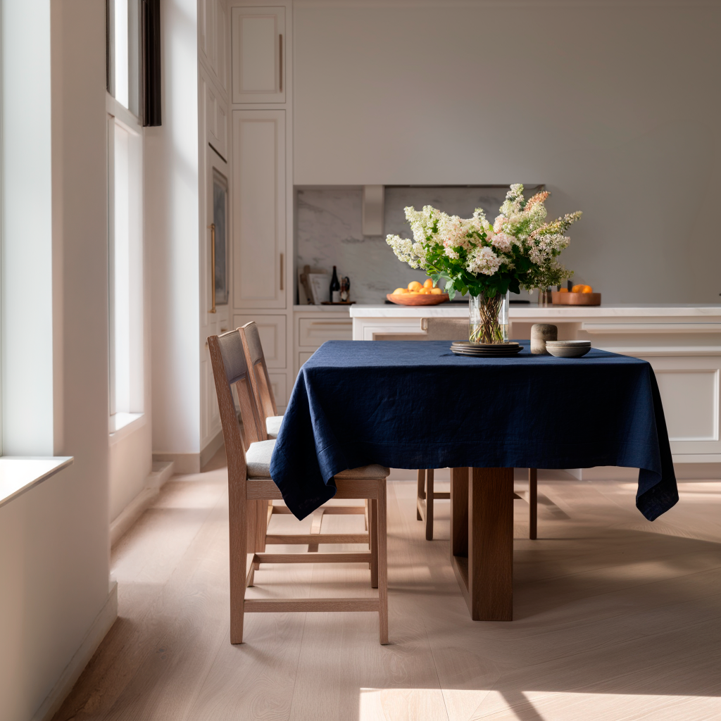 Royal Blue Rectangular Linen Tablecloth in a Transitional Kitchen with White Cabinetry and Floral Centerpiece