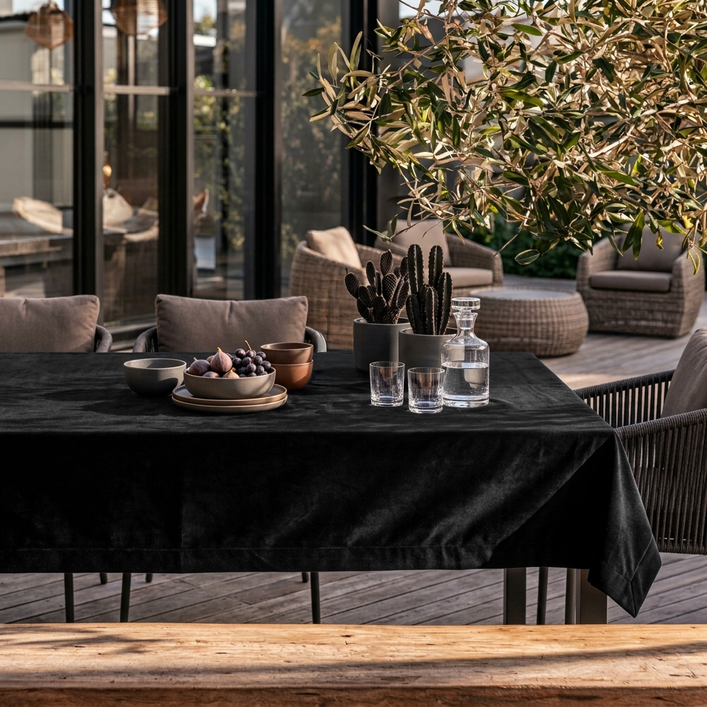 Black Rectangular Velvet Tablecloth in a Contemporary Patio Dining Area with Woven Lounge Chairs