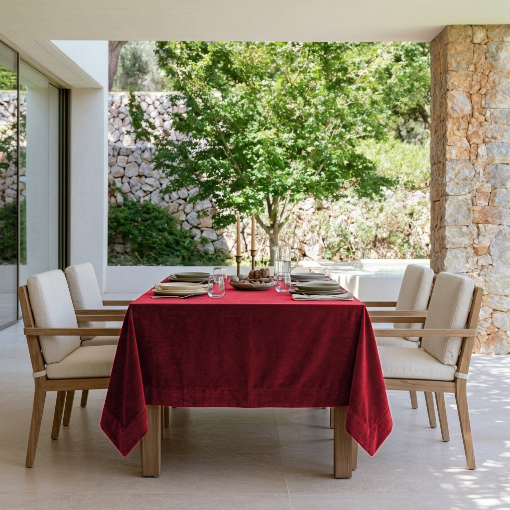 Dark Deep Red Rectangular Velvet Tablecloth in a Contemporary Patio Dining Area with Stone Walls