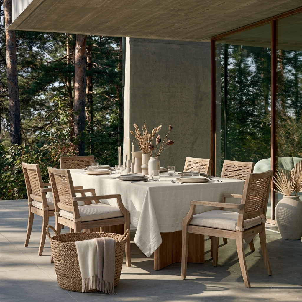 Ecru Rectangular Heavy Weight Linen Tablecloth in a Contemporary Patio Dining Area with Cane Chairs