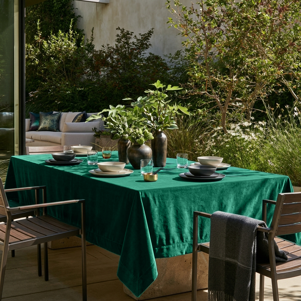 Emerald Green Rectangular Velvet Tablecloth in a Contemporary Patio Dining Area with Wooden Chairs