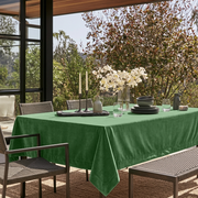 Fern Green Rectangular Velvet Tablecloth in a Contemporary Patio Dining Area with Woven Chairs