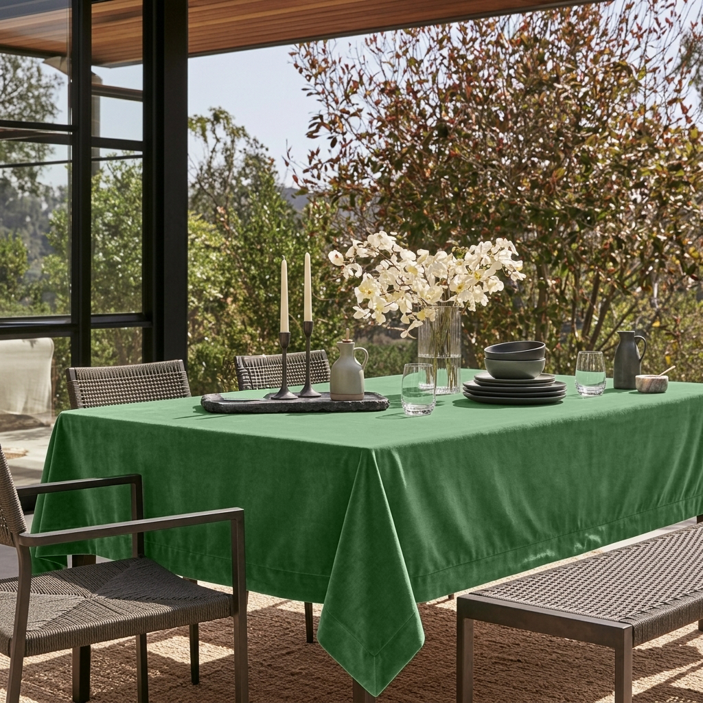 Fern Green Rectangular Velvet Tablecloth in a Contemporary Patio Dining Area with Woven Chairs