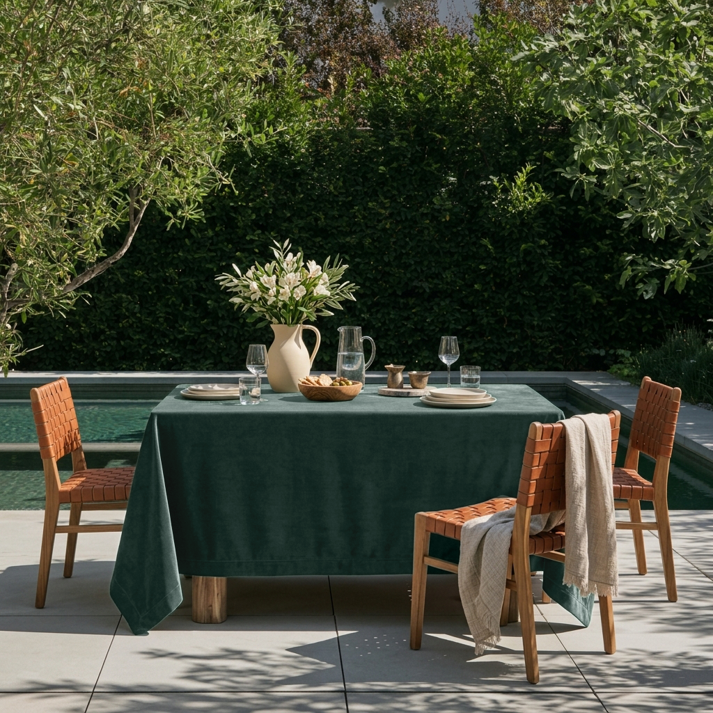 Hunter Green Rectangular Velvet Tablecloth in a Contemporary Patio Dining Area with Tan Woven Chairs
