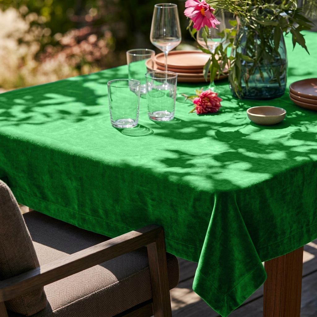 Lime Green Rectangular Velvet Tablecloth in a Contemporary Patio Dining Area with Dark Woven Chairs