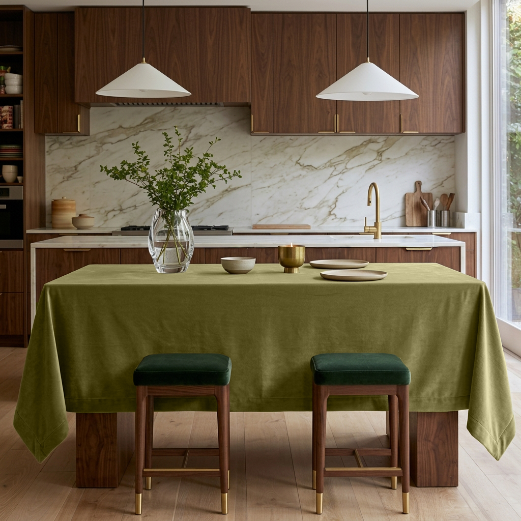Moss Green Rectangular Velvet Tablecloth in a Contemporary Kitchen with Walnut Cabinetry and Green Velvet Stools