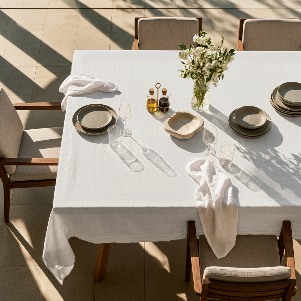 Off-White Rectangular Heavy Weight Linen Tablecloth in a Contemporary Patio Dining Area with Upholstered Wooden Chairs