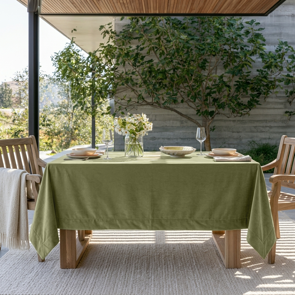 Olive Green Rectangular Velvet Tablecloth in a Contemporary Patio Dining Area with Wooden Chairs and Concrete Walls