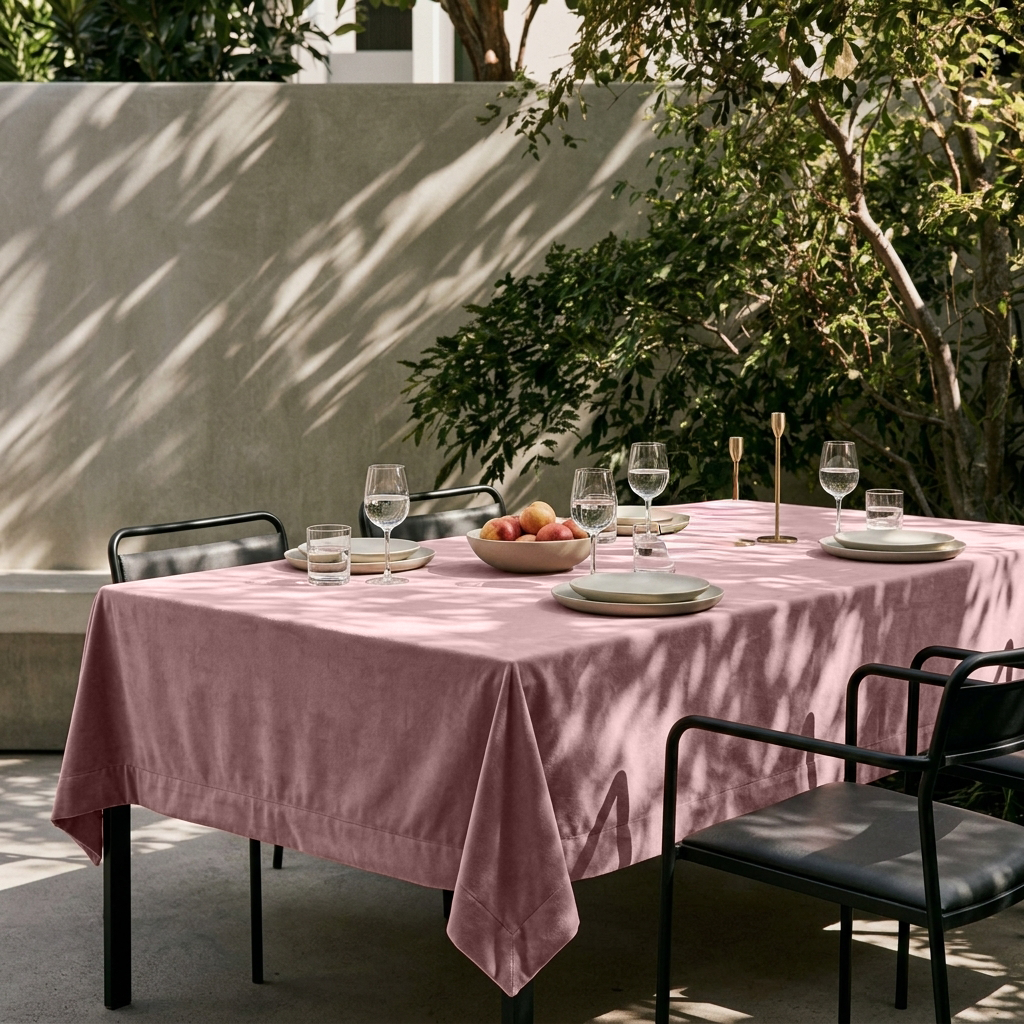 Pink Rectangular Velvet Tablecloth in a Modern Patio Dining Area with Black Metal Chairs