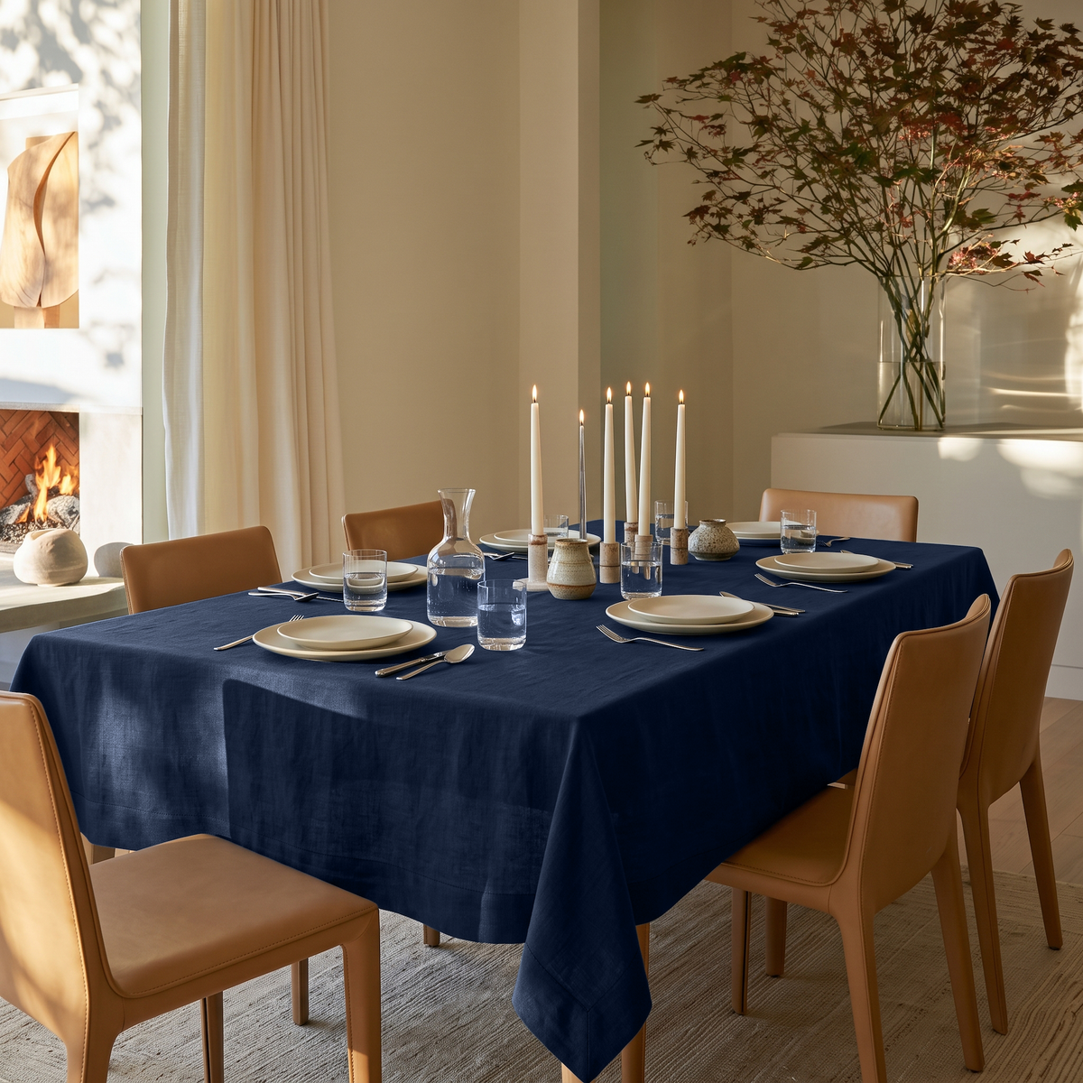 Royal Blue Rectangular Linen Tablecloth in a Contemporary Dining Room with Tan Leather Chairs