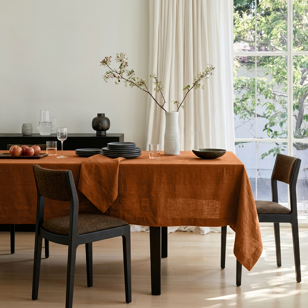 Terracotta Rectangular Heavy Weight Linen Tablecloth in a Modern Dining Room with Floor-to-Ceiling Curtains and Black Dining Chairs