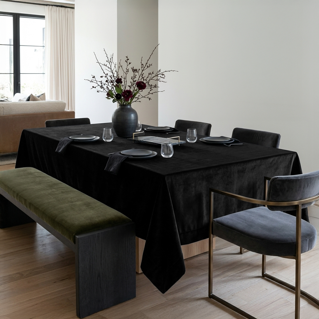 Black Rectangular Velvet Tablecloth in a Modern Dining Room with Grey Velvet Chairs and Olive Green Bench