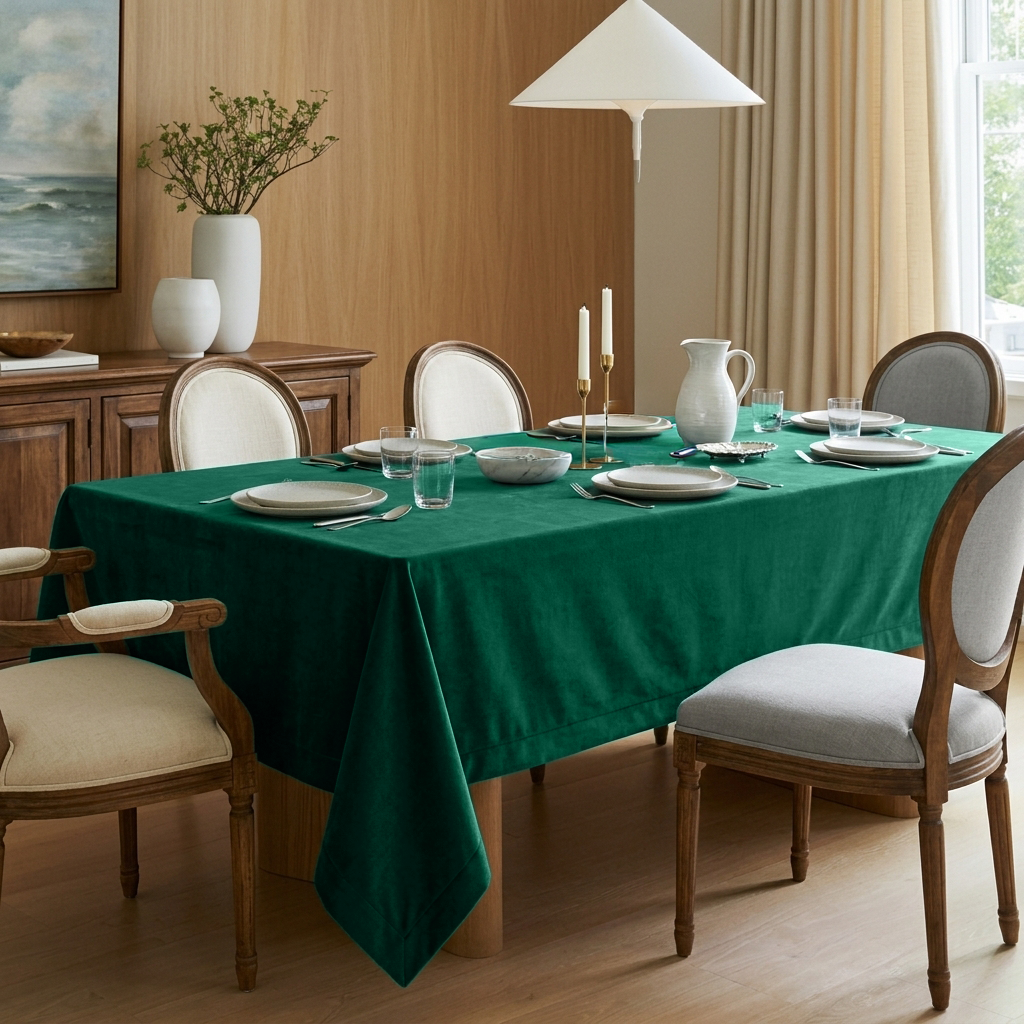 Emerald Green Rectangular Velvet Tablecloth in a Transitional Dining Room with Cream Upholstered Chairs and Wood Paneled Walls