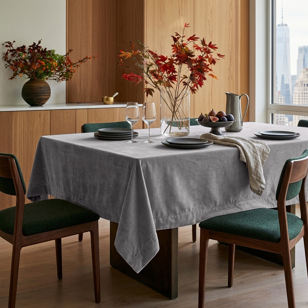 Grey Rectangular Velvet Tablecloth in a Contemporary Dining Room with Green Upholstered Chairs