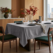 Grey Rectangular Velvet Tablecloth in a Contemporary Dining Room with Green Upholstered Chairs