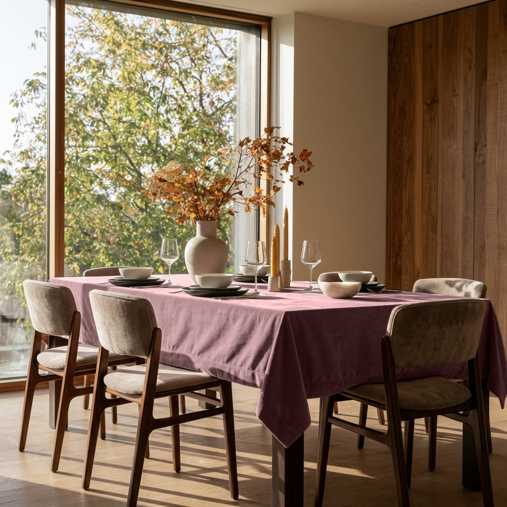 Pink Rectangular Velvet Tablecloth in a Contemporary Dining Room with Floor-to-Ceiling Windows and Walnut Wall Paneling