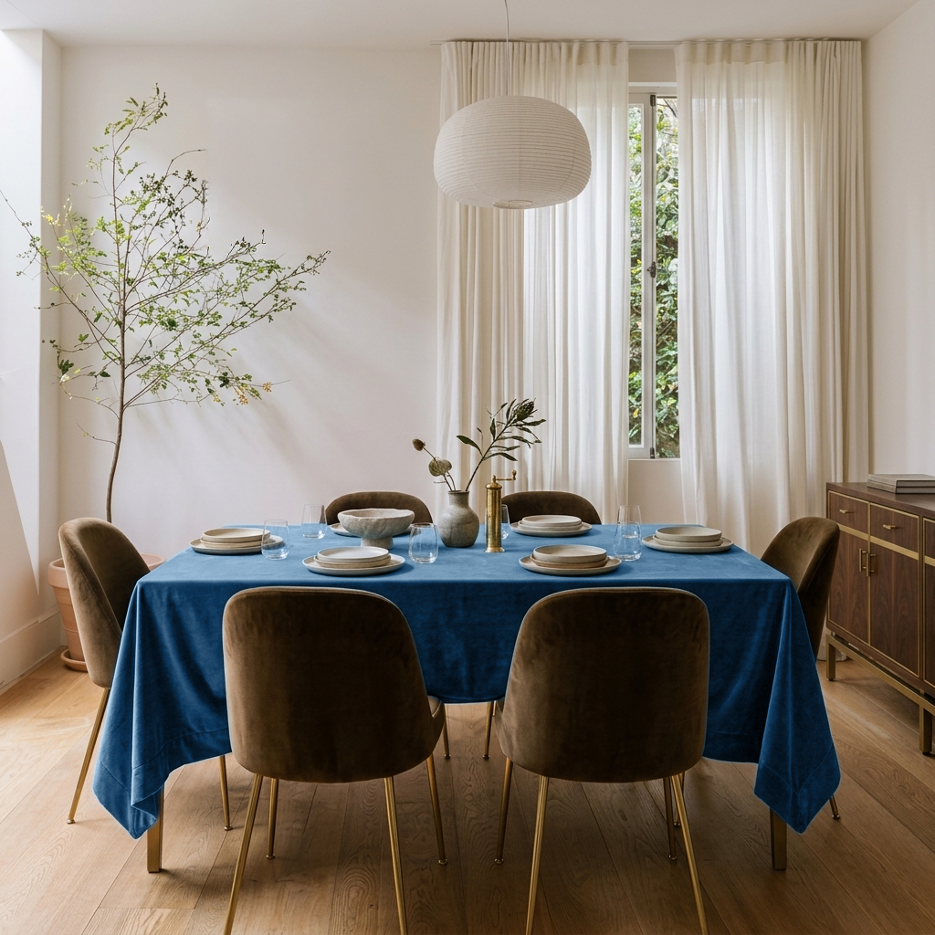 Steel Blue Rectangular Velvet Tablecloth in a Mid-Century Modern Dining Room with Olive Velvet Chairs and Sheer Curtains