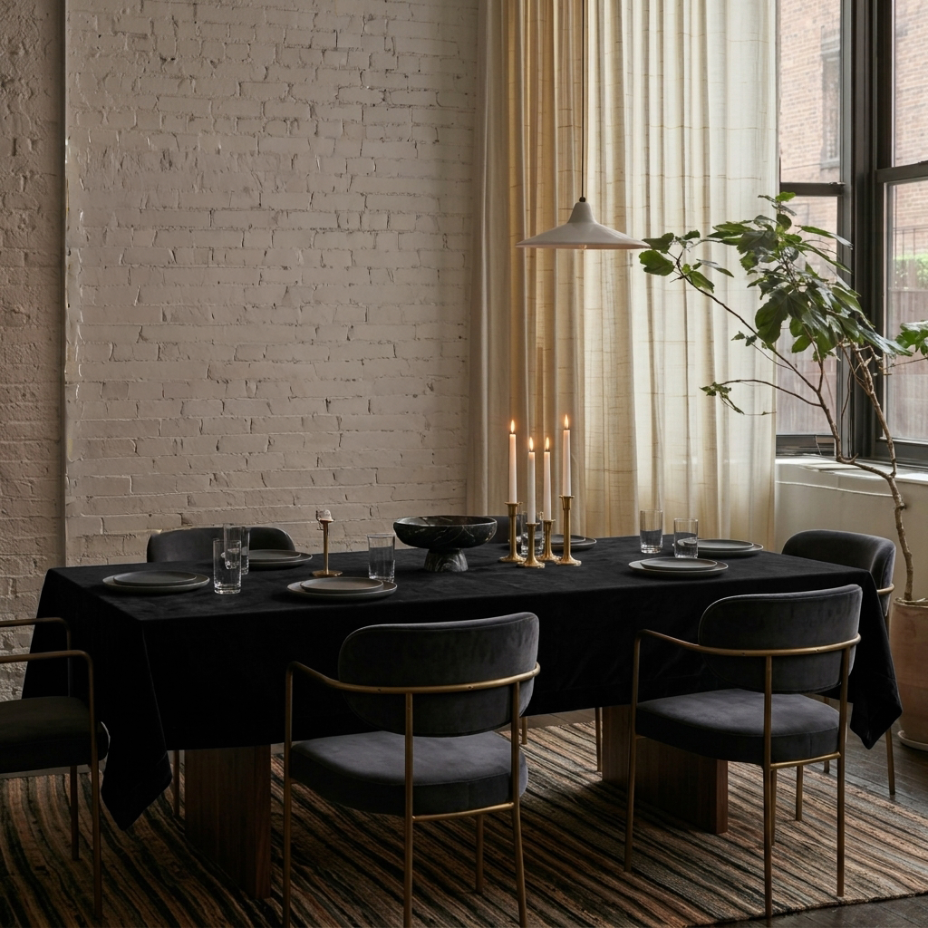 Black Rectangular Velvet Tablecloth in an Industrial Dining Room with Exposed Brick Walls and Grey Velvet Chairs
