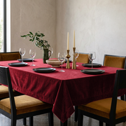 Dark Deep Red Rectangular Velvet Tablecloth in a Modern Dining Room with Mustard Upholstered Chairs