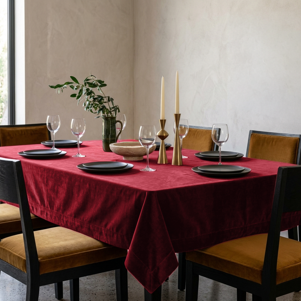 Dark Deep Red Rectangular Velvet Tablecloth in a Modern Dining Room with Mustard Upholstered Chairs