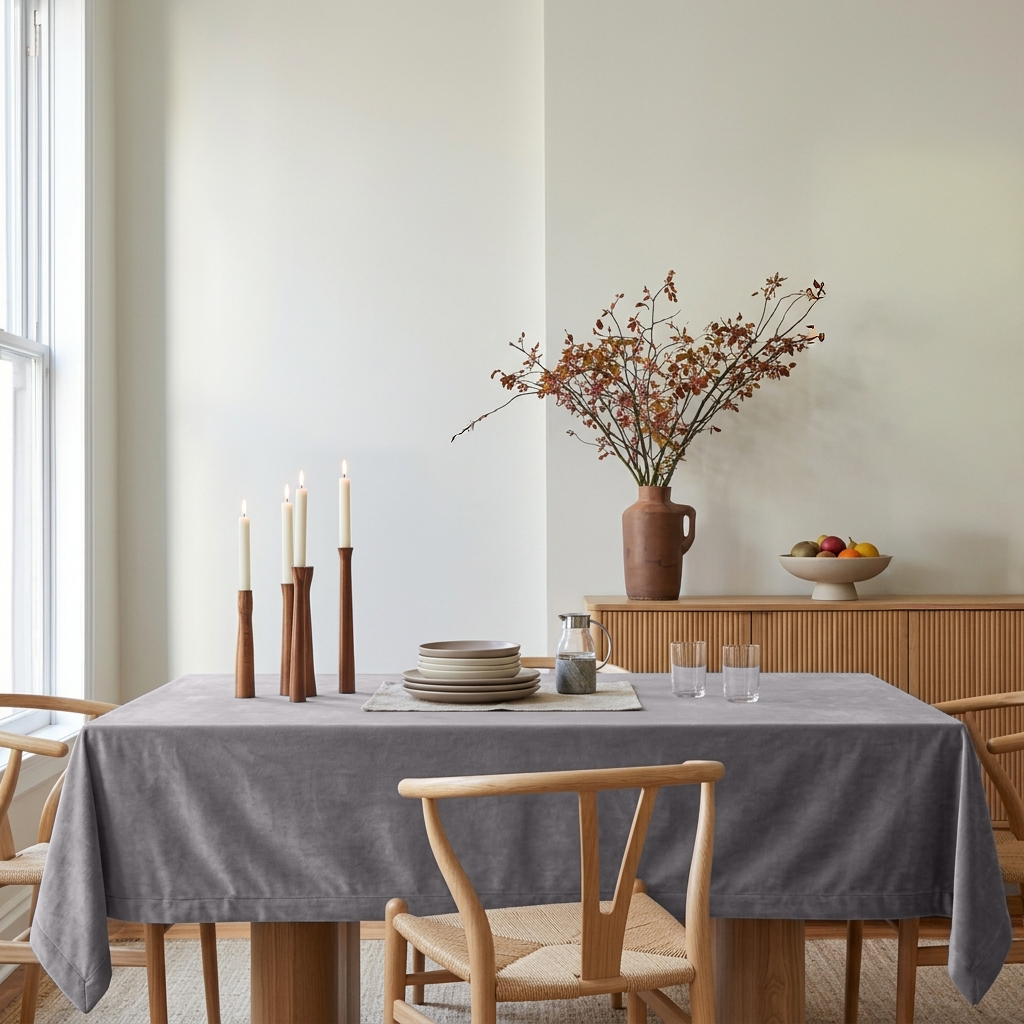 Grey Rectangular Velvet Tablecloth in a Scandinavian Dining Room with Wishbone Chairs and Wooden Sideboard