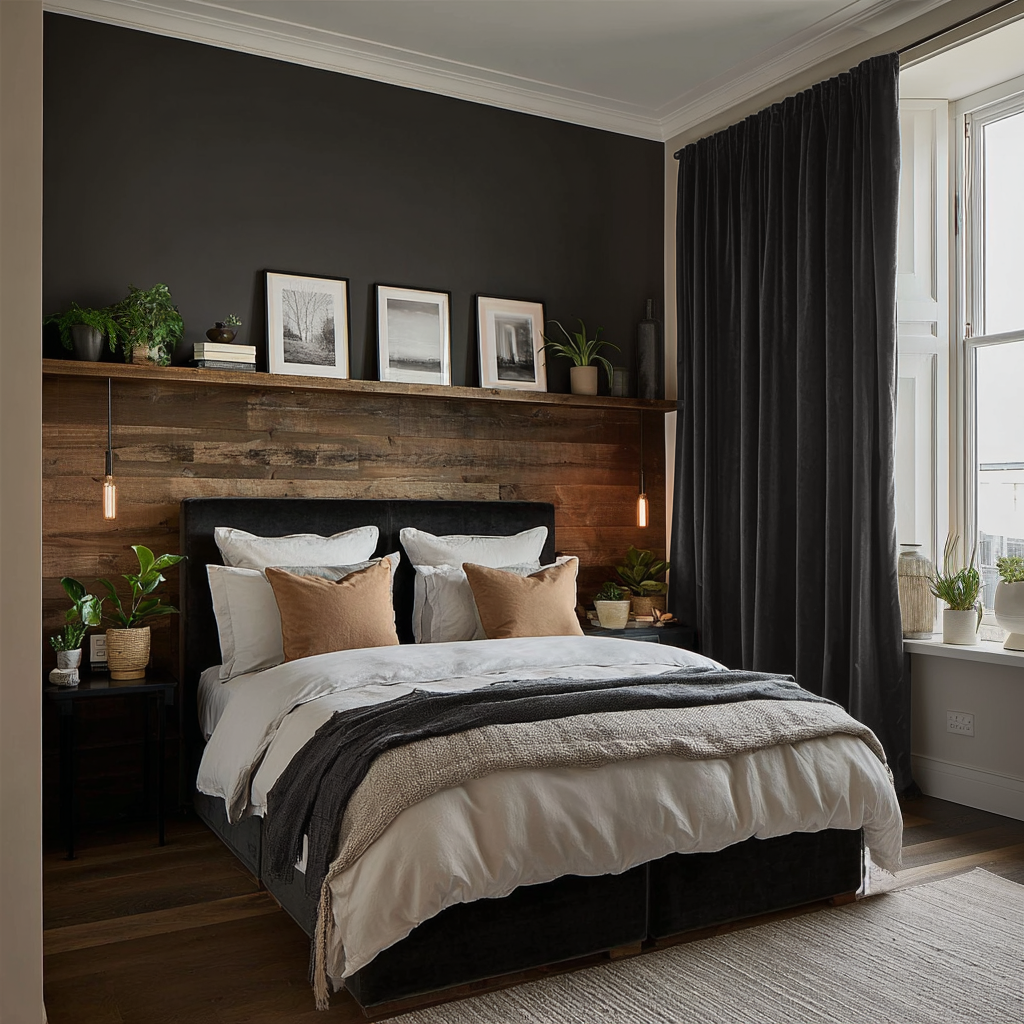 Dark Grey Velvet Rod Pocket Curtains in a Cozy Modern Bedroom with a Dark Accent Wall