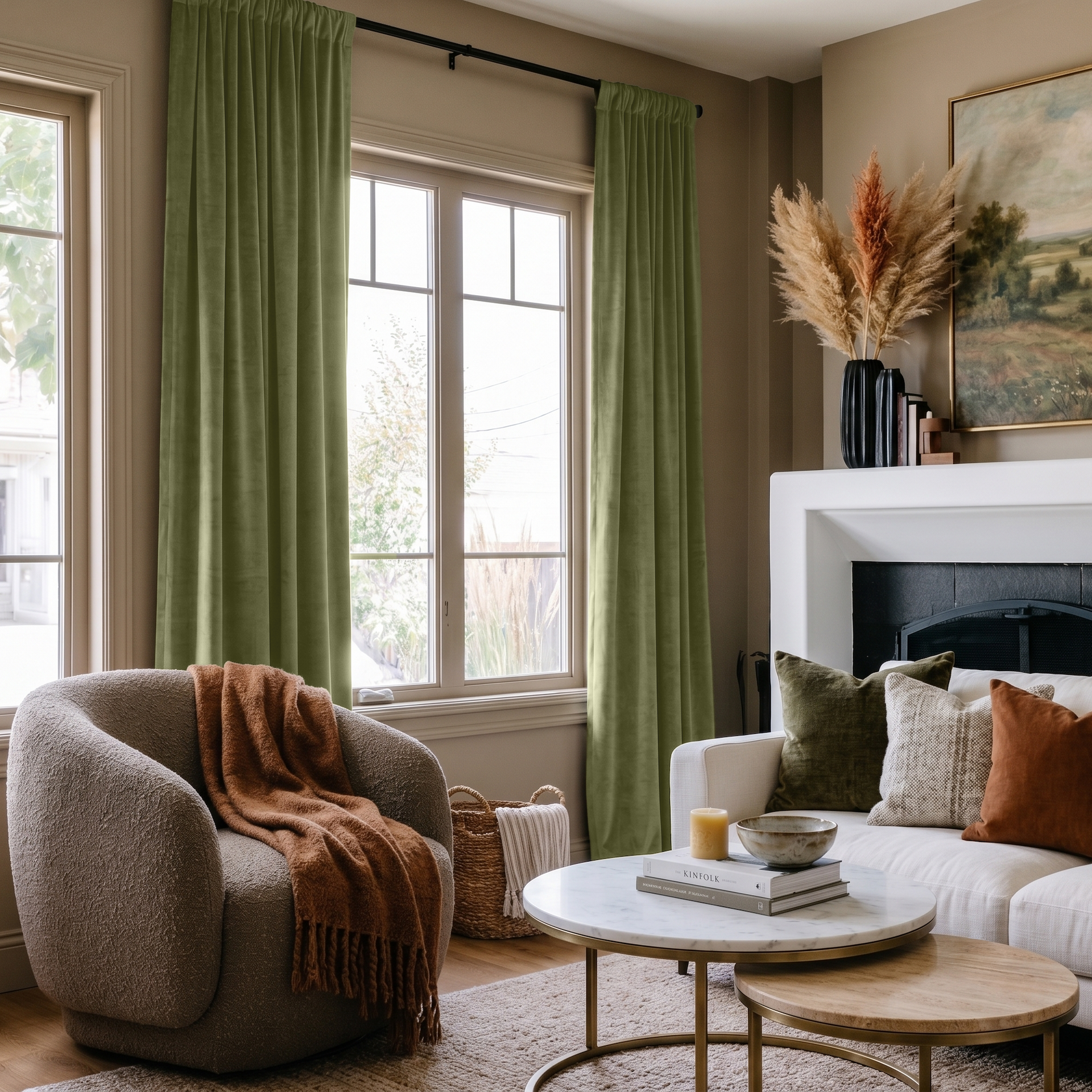 Olive Green Velvet Rod Pocket Curtains in a Contemporary Living Room with Taupe Walls