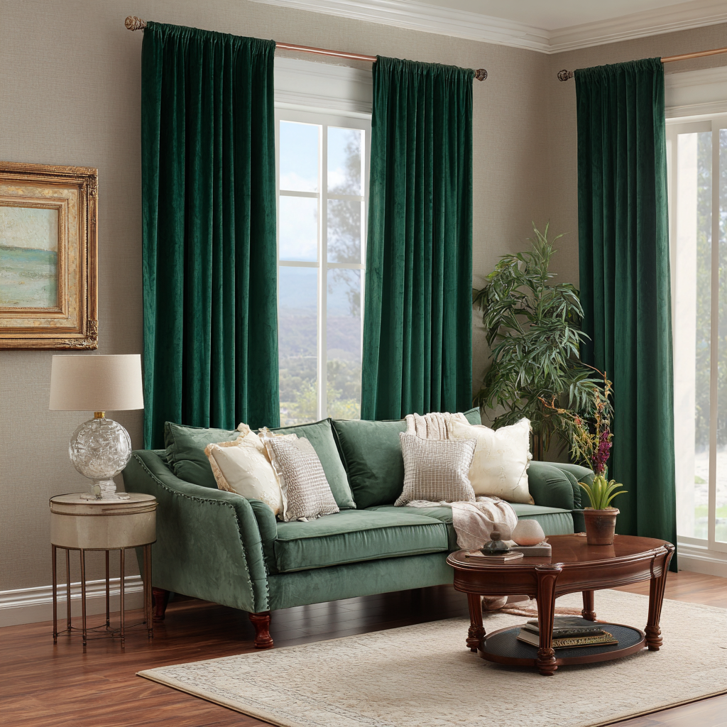 Emerald Green Velvet Rod Pocket Curtain 