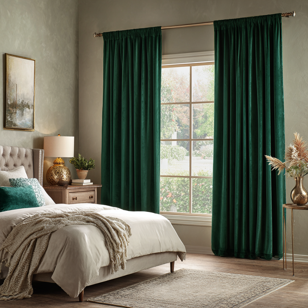 Emerald Green Velvet Rod Pocket Curtain 