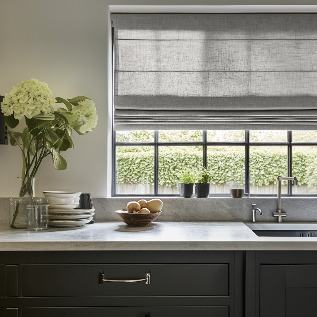 Stone Grey Roman Shades for Kitchen