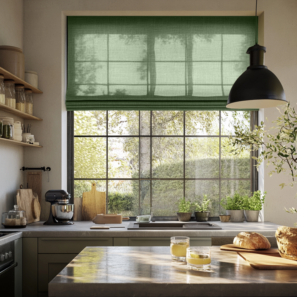 Forest Green Unlined Roman Shades for Kitchen