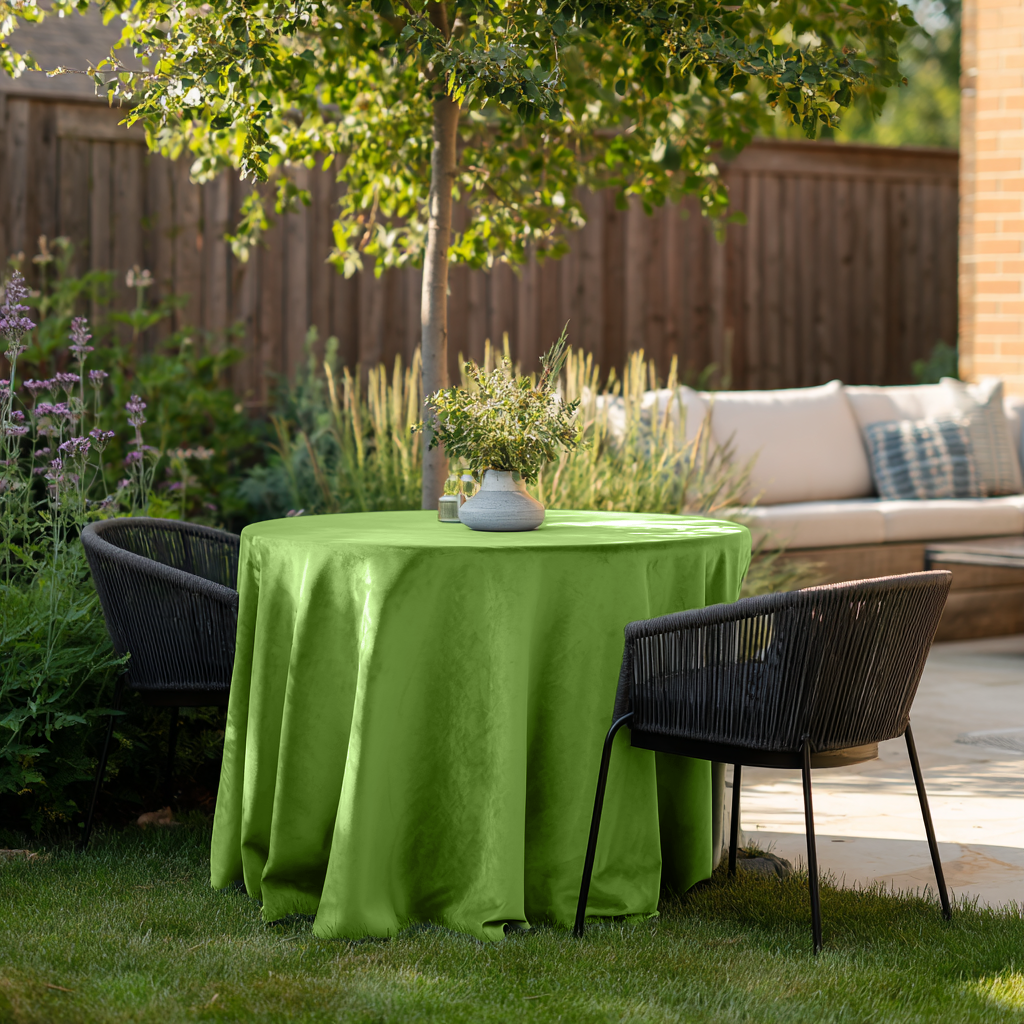 Light Green Velvet Round Tablecloth in a Garden Patio Dining Space with Black Woven Chairs