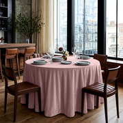 Pink Velvet Round Tablecloth in an Urban Dining Room with Black Window Frames, Cream Curtains and Brown Leather Chairs