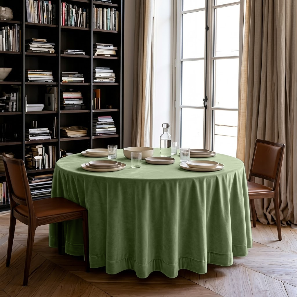 Sage Green Velvet Round Tablecloth in a Dining Room with Tall Black Bookshelves and Brown Leather Chairs