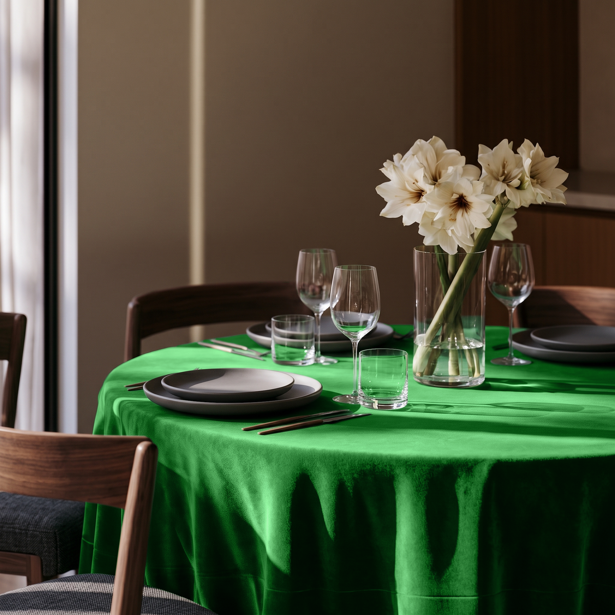 Lime Green Round Velvet Tablecloth in an Elegant Dining Room with Dark Wood Furniture and White Flowers