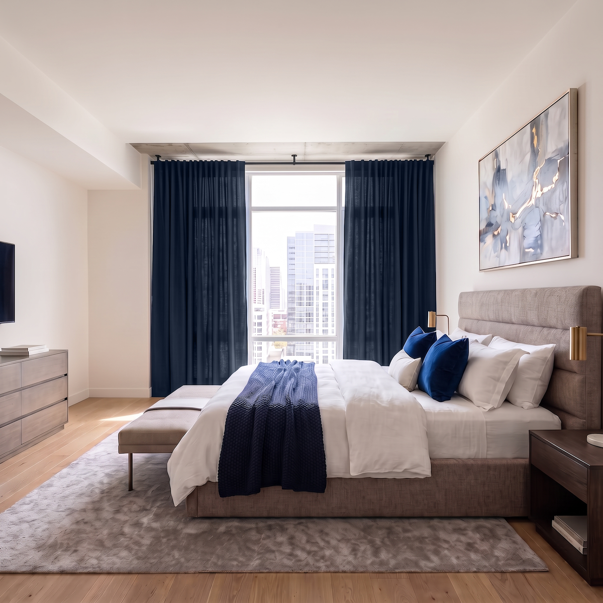 Royal Blue Linen Back Tab Extra Long Curtains in a Contemporary Bedroom with Upholstered Bed, a Textured Beige Rug and City View 