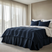 Royal Blue Linen Bed Skirt with Gathered Ruffles