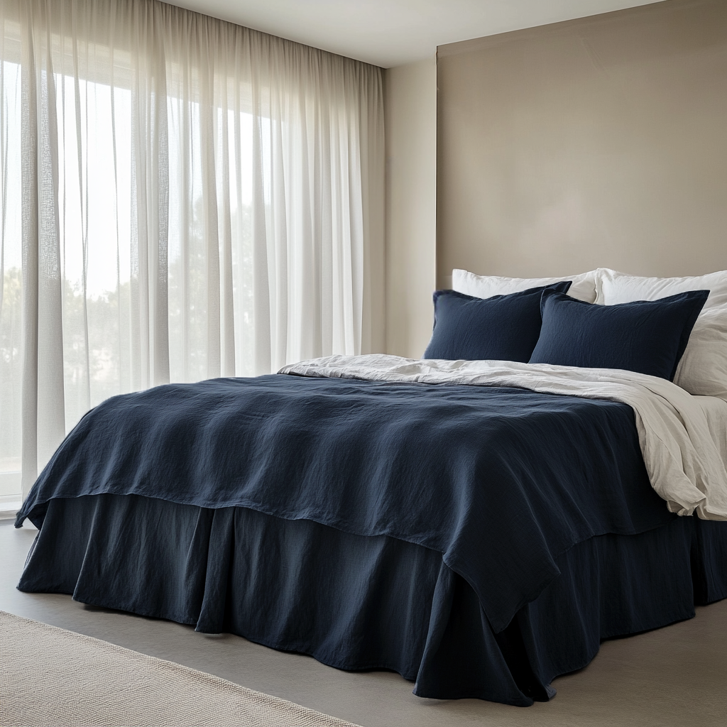 Royal Blue Linen Bed Skirt with Gathered Ruffles