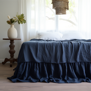 Royal Blue Linen Bed Skirt with Gathered Ruffles