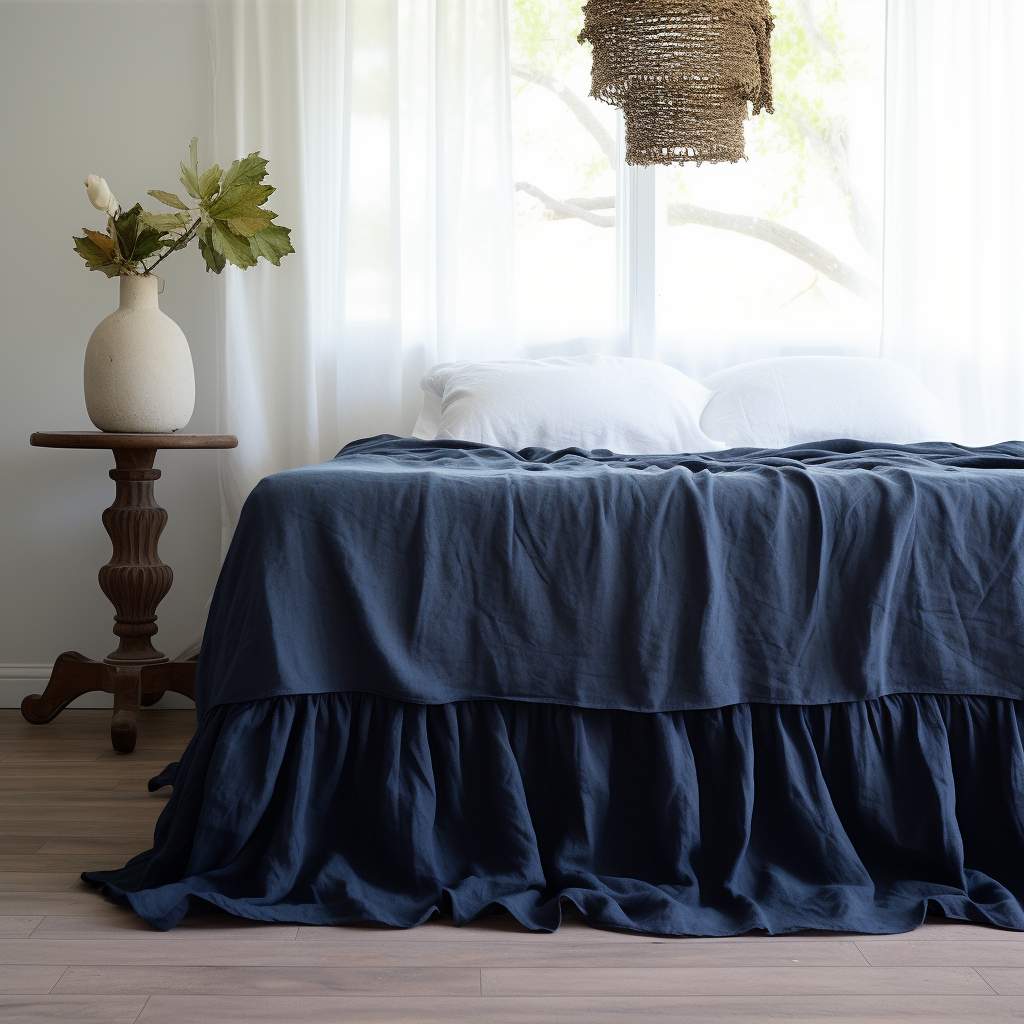 Royal Blue Linen Bed Skirt with Gathered Ruffles