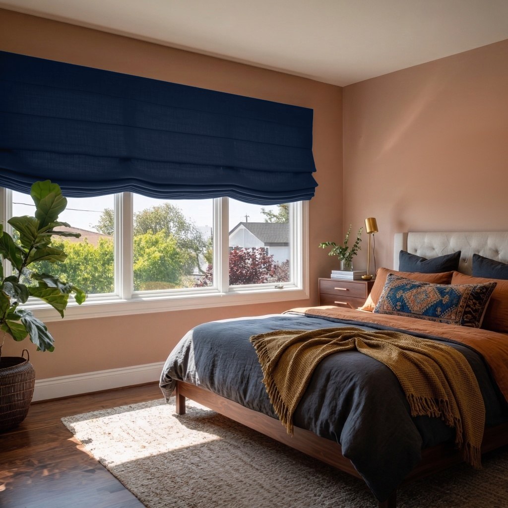 Royal Blue Linen Relaxed Roman Shades - Blackout Lining