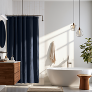 Royal Blue Linen Button-Hole Top Weighted Shower Curtain in a Bathroom with White Walls and Warm Wooden Textures