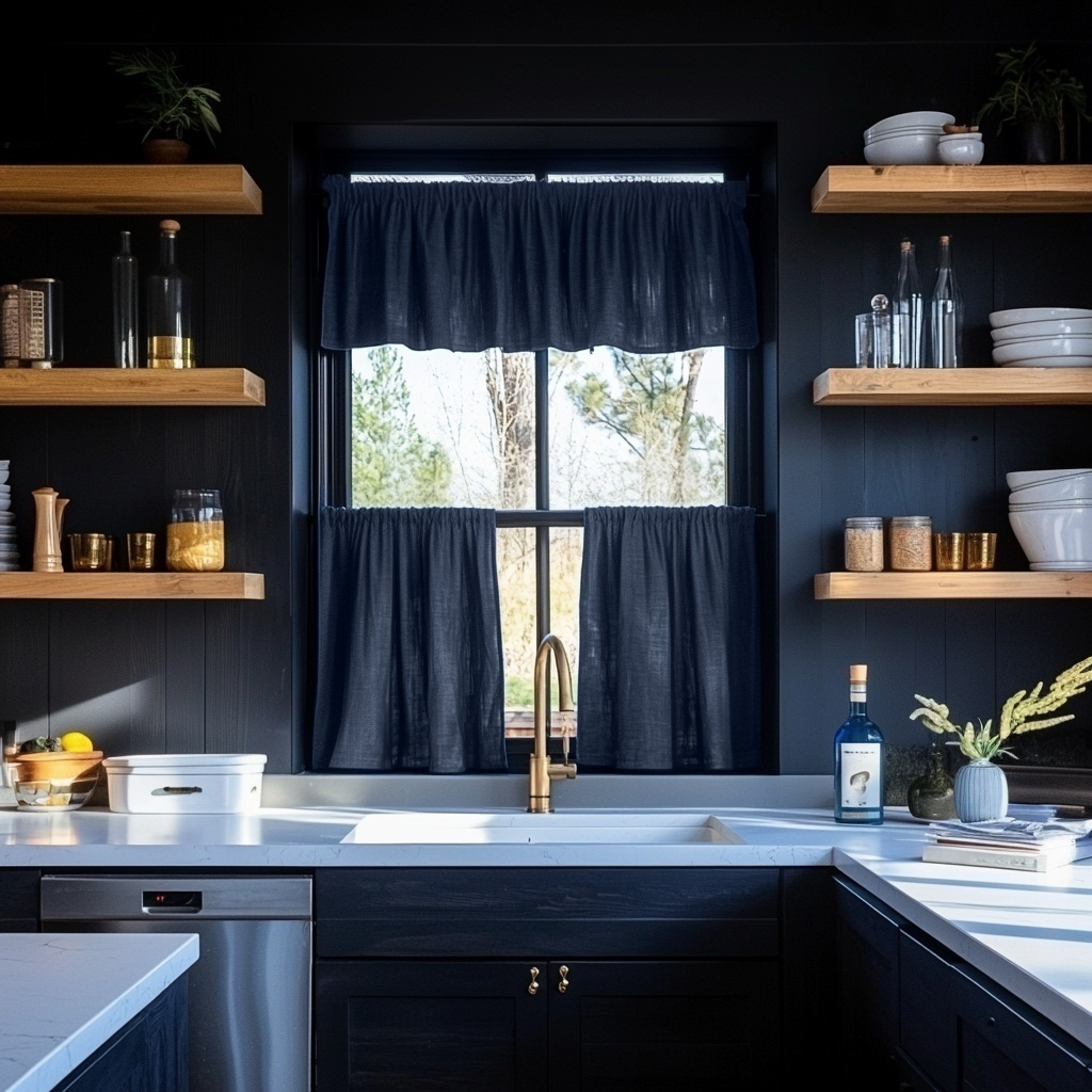 Royal Blue Linen Cafe Curtains Valance Set