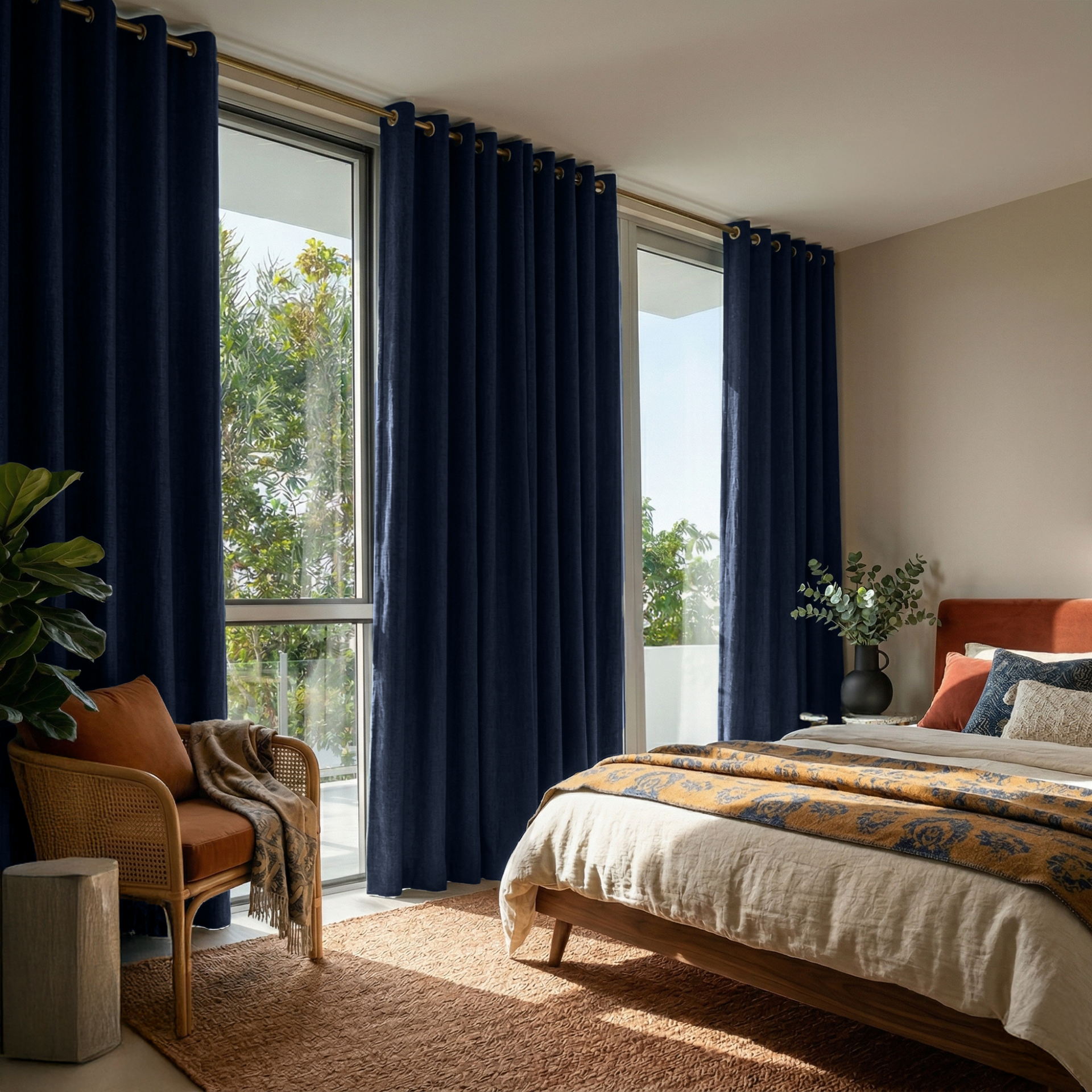 Royal Blue Linen Grommet Curtains in a Relaxed Coastal Bedroom with Cream Walls - Blackout Lining
