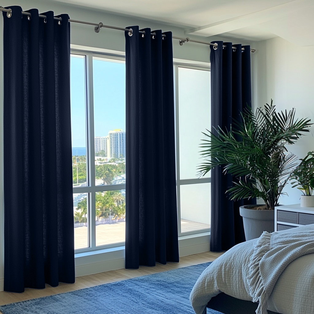 Royal Blue Linen Grommet Curtains in a Bright Modern Bedroom with Cool Blue Accents - Cotton Lining