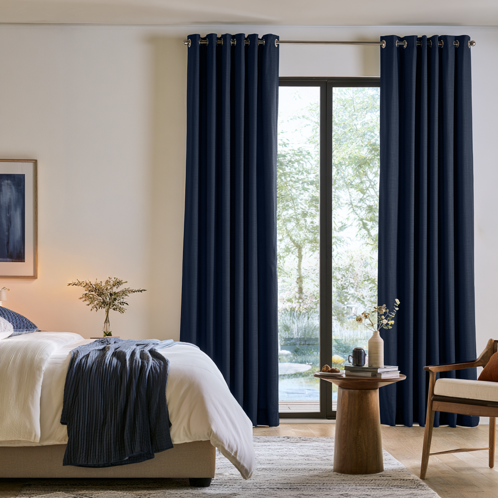 Royal Blue Linen Grommet Extra Long Curtains in a Contemporary Bedroom with Garden View and Wooden Accent Furniture