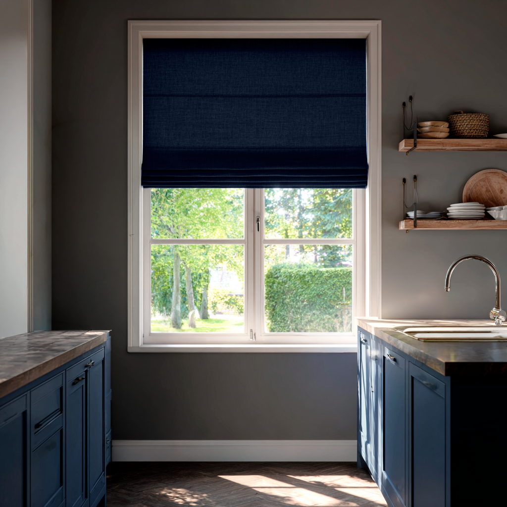 Royal Blue Linen Kitchen Roman Shades in a Moody Contemporary Kitchen with Blue Cabinetry - Cotton Lining