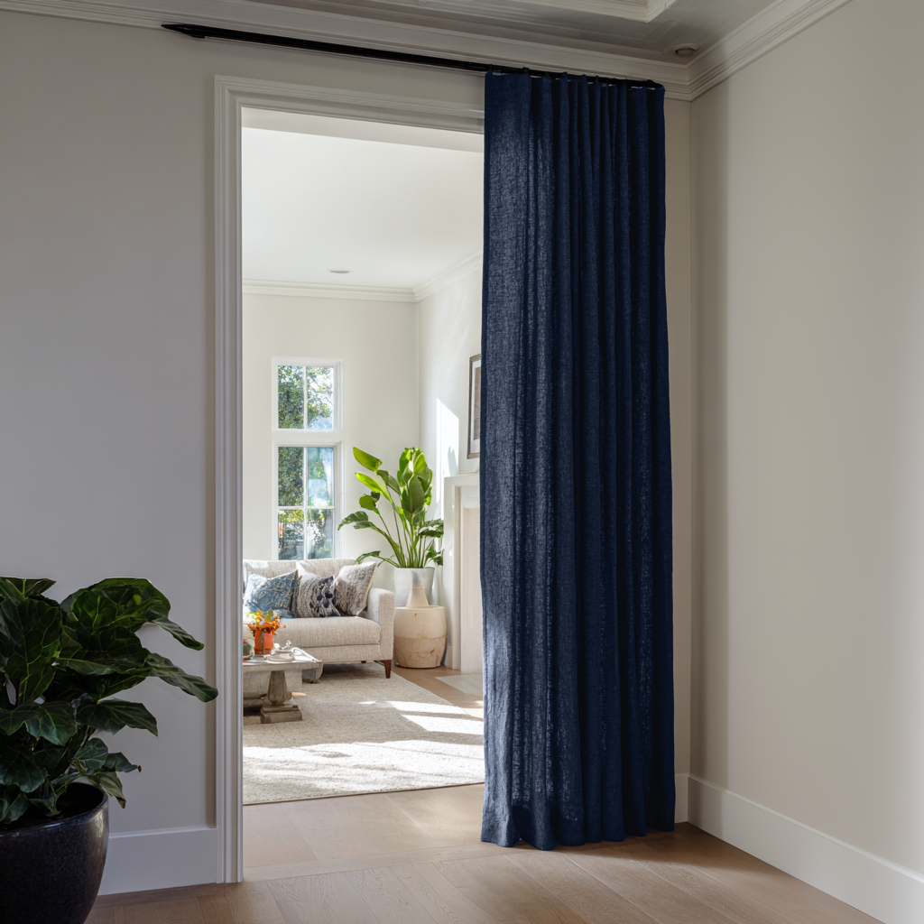 Royal Blue Linen Doorway Curtains with Multitape