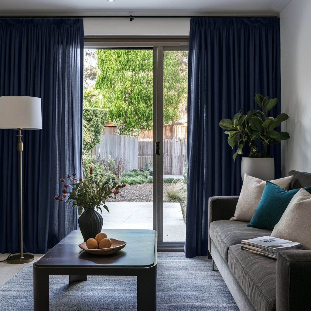 Royal Blue Linen Pencil Pleat Curtains for Sliding Doors in a Living Room with Light Grey Walls
