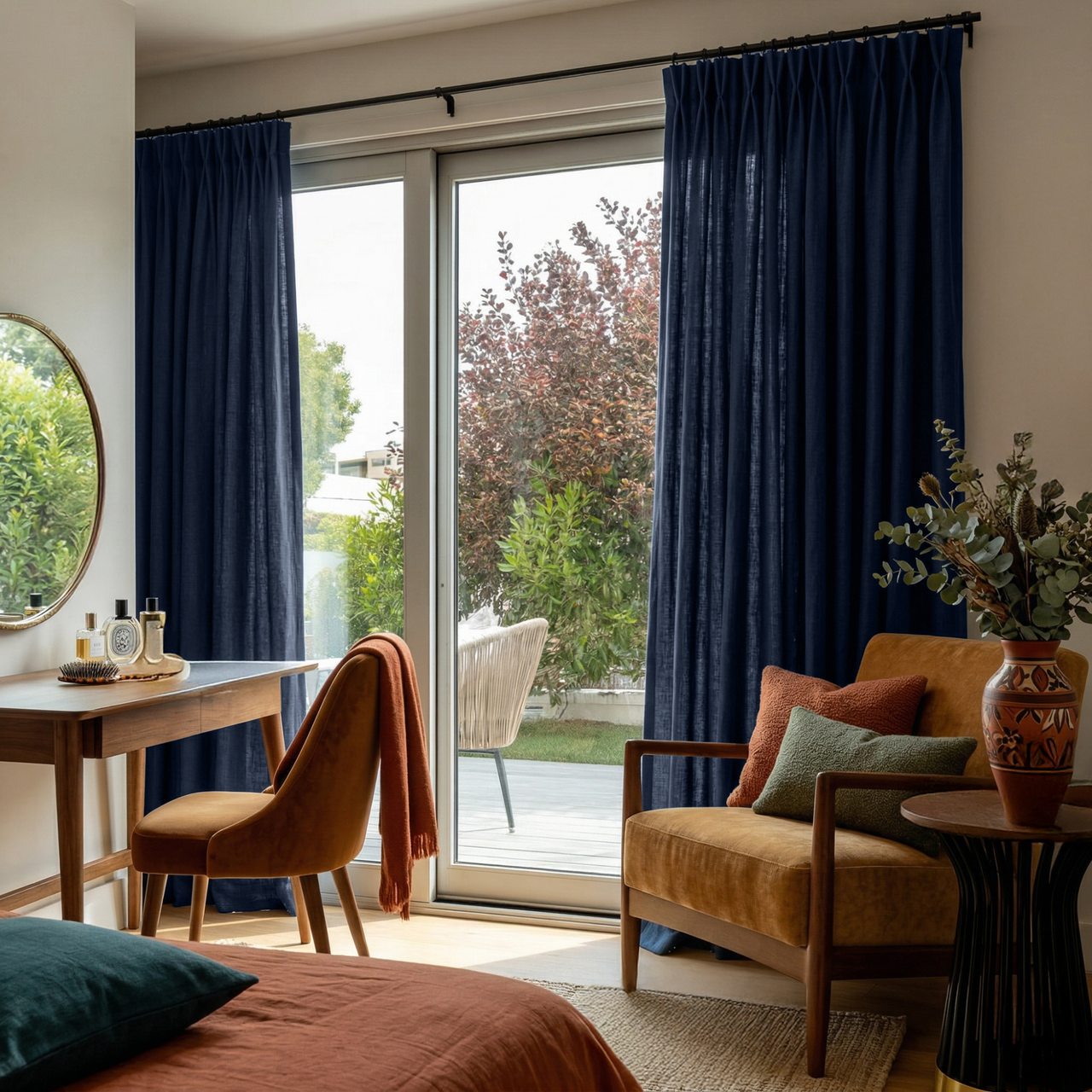 Royal Blue Linen Pinch Pleat Curtains for Sliding Doors in a Bedroom with Beige Walls
